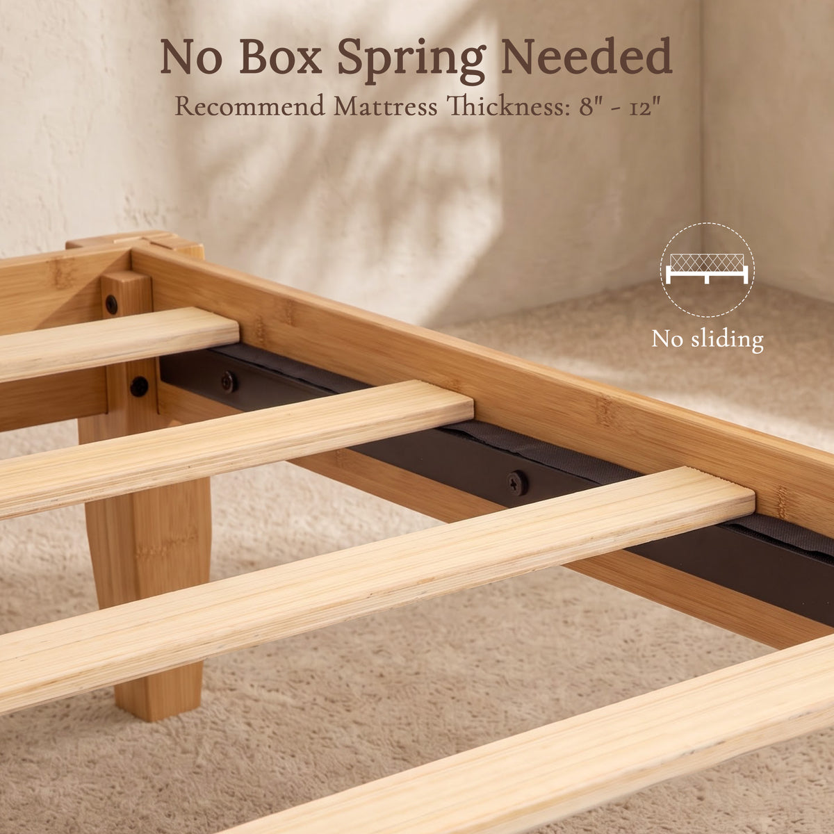 Brafabhome Bamboo Queen Platform Bed Frame with Sturdy Support Legs, Joinery Bed Frame with Noise Free Solid Wood Slats, No Box Spring Needed, Easy Assembly
